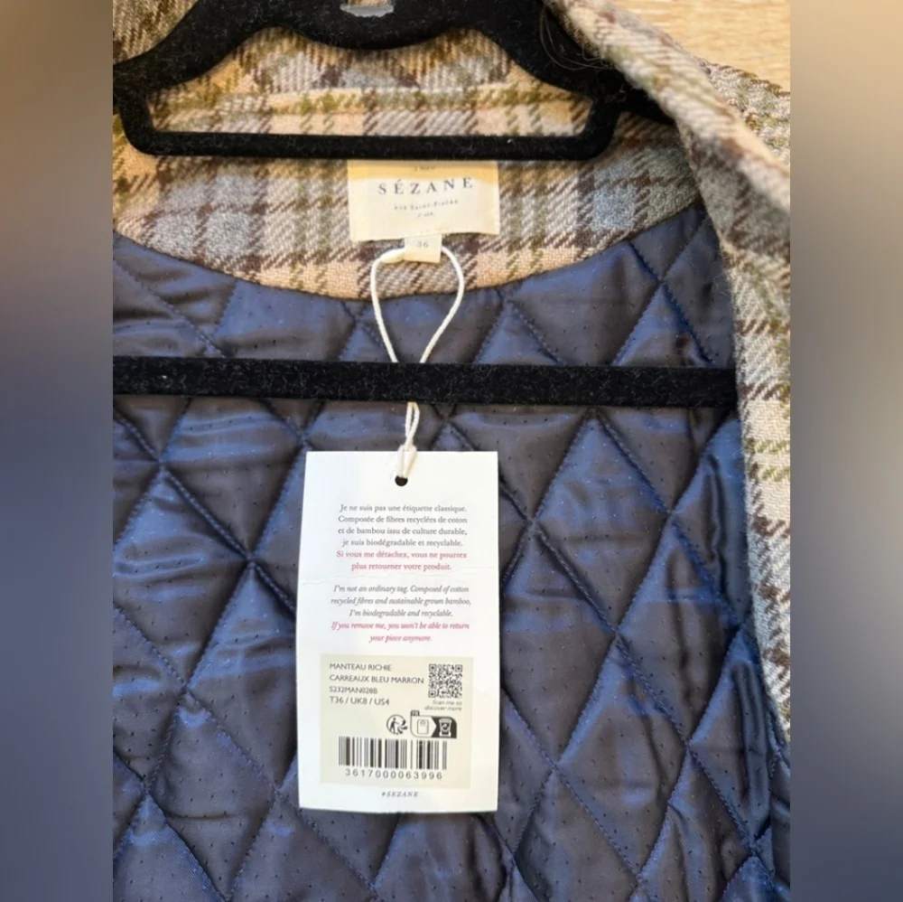 SÉZANE RICHIE Wool Tan Blue Plaid Bomber Oversized Jacket Coat RARE  NWT - Picture 7 of 9